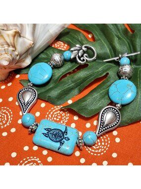 Artisan Hand Crafted Bracelet Turtle Tribal Art Silver Turquoise Beaded OSFM